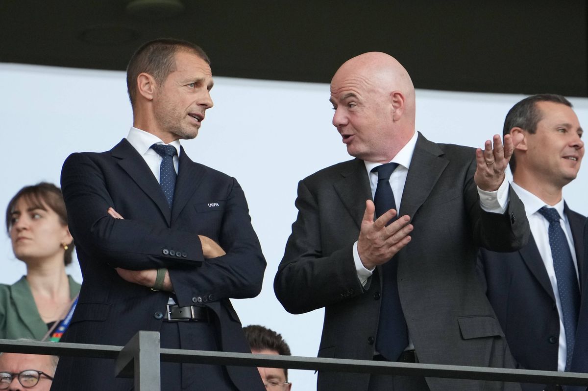 BERLIN, GERMANY - JUNE 29: UEFA President Aleksander Ceferin (L) and FIFA President Gianni Infantino attend the UEFA EURO 2024 round of 16 match between Switzerland and Italy at Olympiastadion on June 29, 2024 in Berlin, Germany. (Photo by Masashi Hara/Getty Images)
