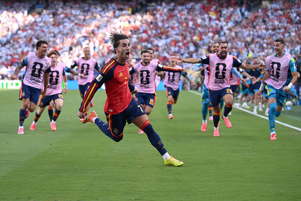 Ferran Torres #7 of Spain celebrates scoring his team's first goal during the FIFA World Cup 2026 Final match between Spain and Argentina at New York New Jersey Stadium on July 19, 2026 in East Rutherford, New Jersey.