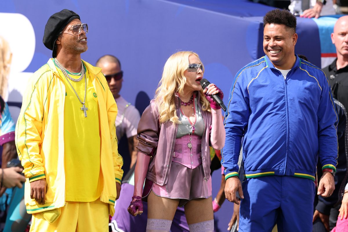 EAST RUTHERFORD, NEW JERSEY - JULY 19: Ronaldinho, Madonna and Ronaldo perform during the Topps Final Halftime Show in the FIFA World Cup 2026 Final match between Spain and Argentina at New York New Jersey Stadium on July 19, 2026 in East Rutherford, New Jersey. (Photo by Michael Regan - FIFA/FIFA via Getty Images)