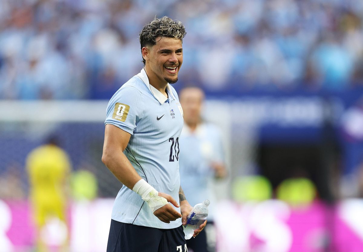 MIAMI GARDENS, FLORIDA - JUNE 21: Maxi Araujo #20 of Uruguay celebrates scoring his team's first goal during the FIFA World Cup 2026 Group H match between Uruguay and Cabo Verde at Miami Stadium on June 21, 2026 in Miami Gardens, Florida. (Photo by Michael Regan - FIFA/FIFA via Getty Images)
