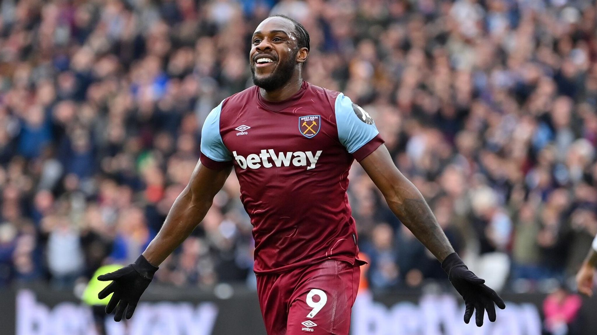 Michail Antonio celebrates after heading West Ham in front against Aston Villa