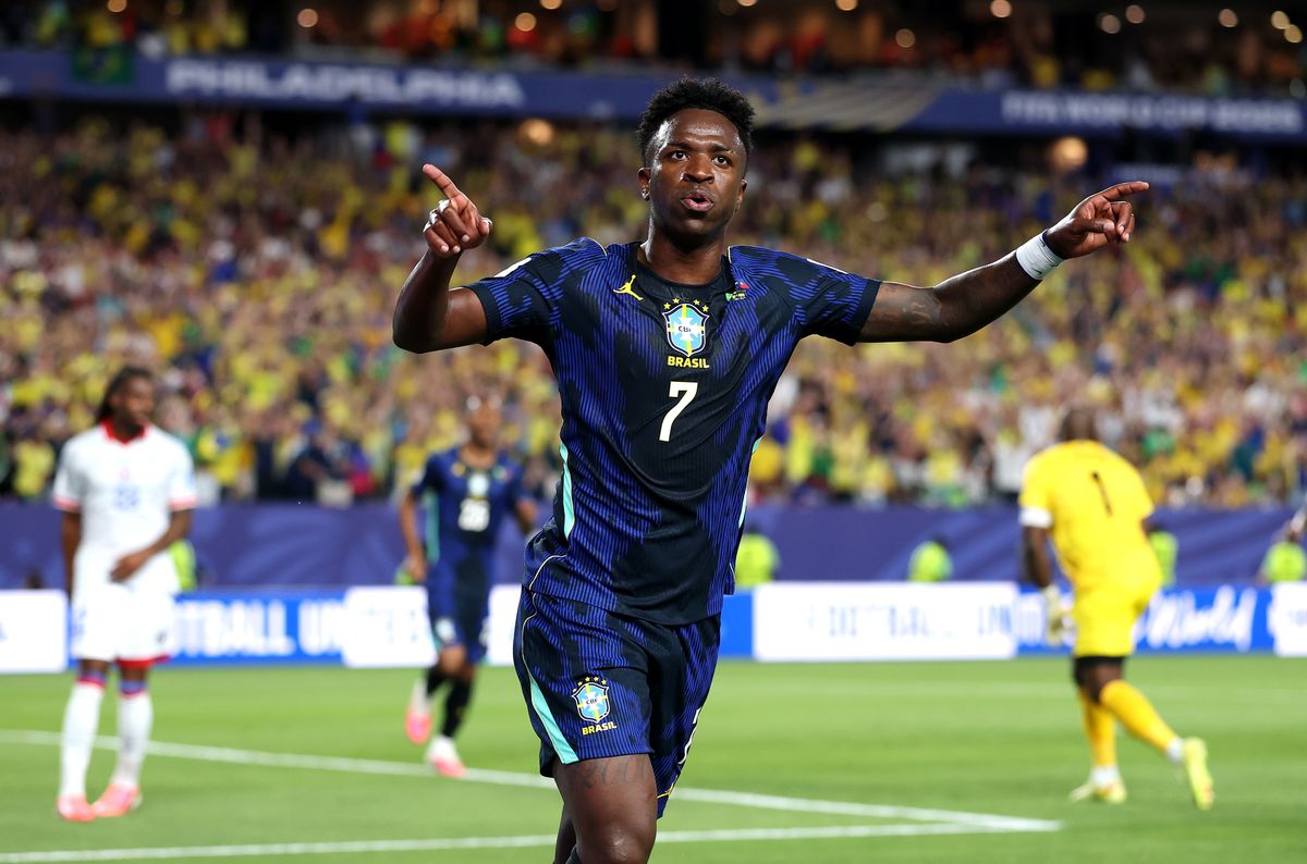 PHILADELPHIA, PENNSYLVANIA - JUNE 19: Vinicius Junior #7 of Brazil celebrates scoring his team's third goal during the FIFA World Cup 2026 Group C match between Brazil and Haiti at Philadelphia Stadium on June 19, 2026 in Philadelphia, Pennsylvania. (Photo by Dan Mullan/Getty Images)