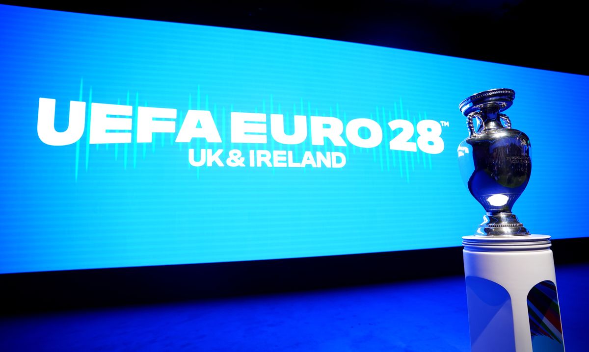 A general view of the The EURO trophy: Henri Delaunay Cup, ahead of the UEFA EURO 2028 launch at Below The Lights, Piccadilly Circus on November 12, 2025 in London, England. UEFA EURO 2028 will take place in the UK and Republic of Ireland