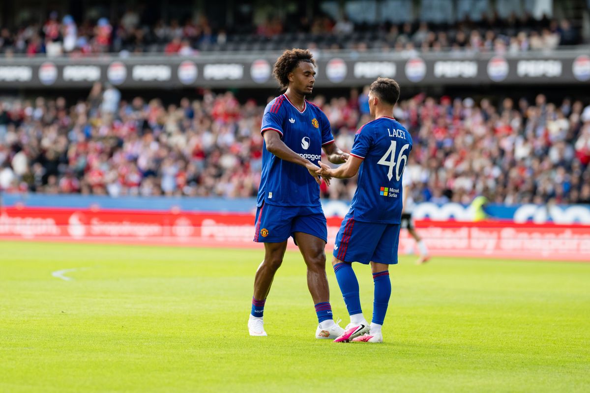 TRONDHEIM, NORWAY - JULY 24: Shea Lacey of Manchester United celebrates scoring their first goal during the pre-season friendly match between Rosenborg and Manchester United at Lerkendal Stadion on July 24, 2026 in Trondheim, Norway. (Photo by Ash Donelon/Manchester United via Getty Images)