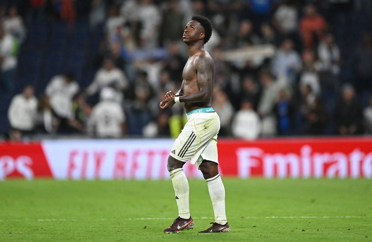 Vinicius Junior of Real Madrid looks on at the end of the LaLiga EA Sports match between Real Madrid CF and Deportivo Alaves at Estadio Santiago Bernabeu