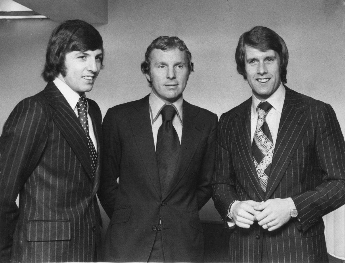 Sir Geoff Hurst in 1974 with England team mates Martin Peters (left) and Bobby Moore