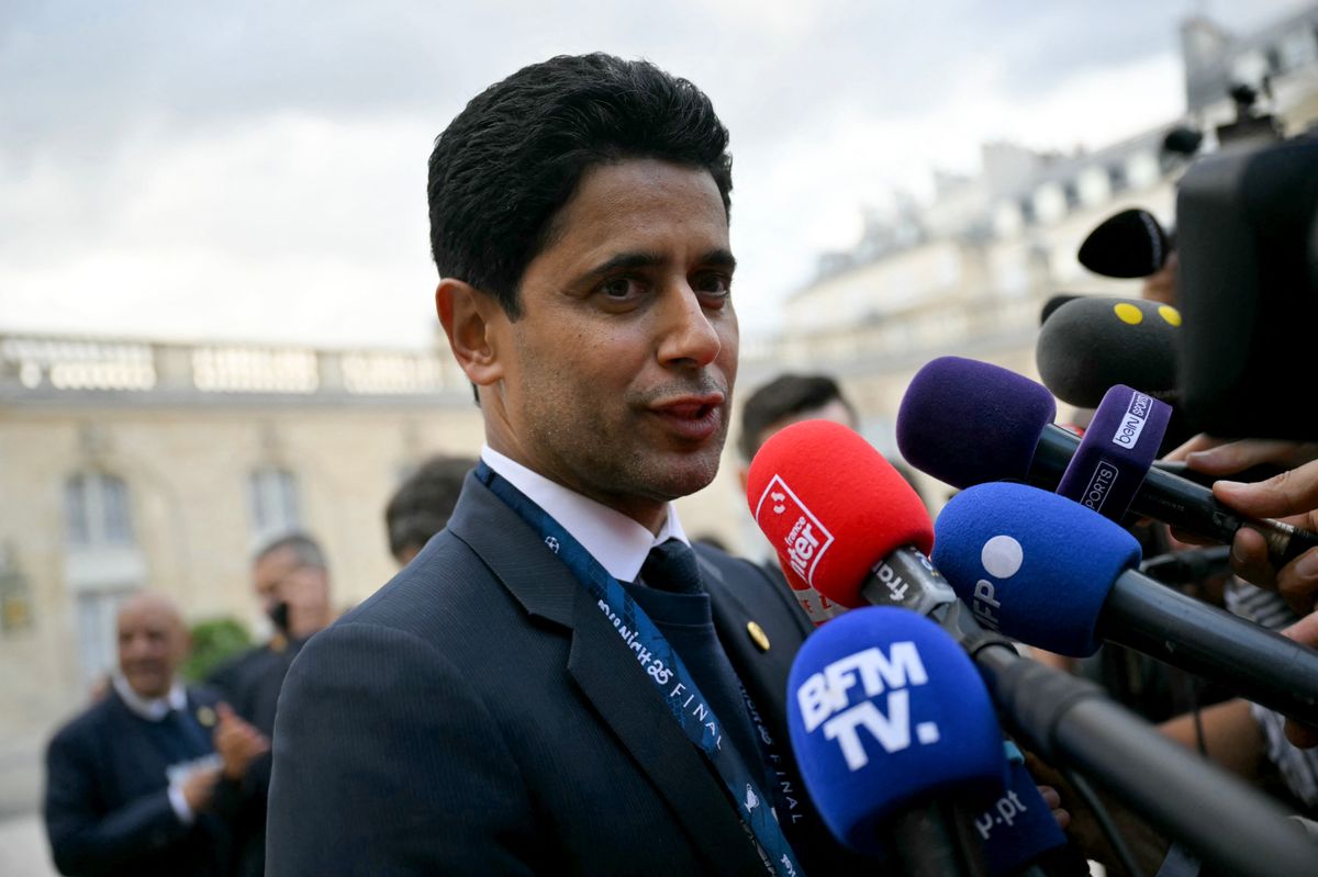 Paris Saint Germain's Qatari president Nasser al-Khelaifi speaks to the press after a reception at the Elysee presidential palace in Paris on June 1, 2025, a day after PSG won the 2025 UEFA Champions League final football match against Inter Milan in Munich. (Photo by LOU BENOIST / AFP) (Photo by LOU BENOIST/AFP via Getty Images)
