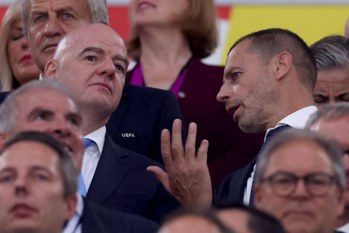 MUNICH, GERMANY - JUNE 14: Gianni Infantino, President of FIFA and Aleksander Ceferin, President of UEFA, are seen in attendance prior to the UEFA EURO 2024 group stage match between Germany and Scotland at Munich Football Arena on June 14, 2024 in Munich, Germany. (Photo by Alexander Hassenstein/Getty Images)