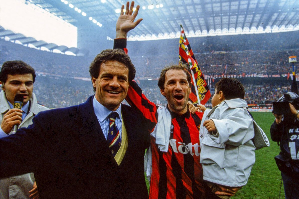 Fabio Capello and Franco Baresi ff AC Milan celebrates an Italian championship victory
