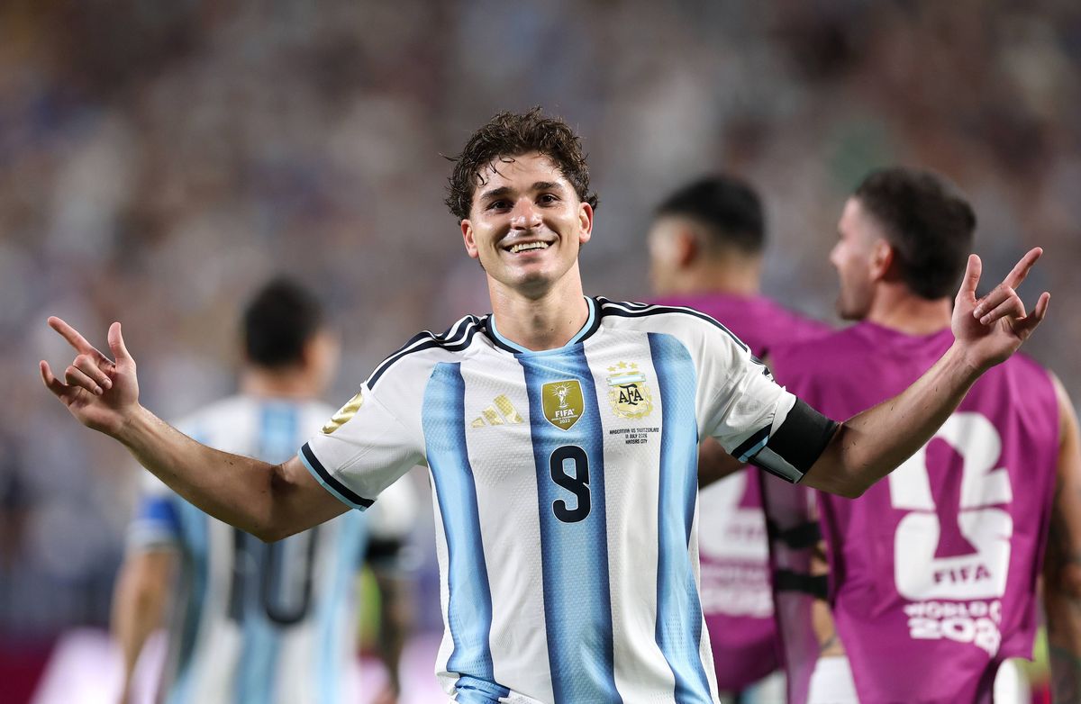 KANSAS CITY, MISSOURI - JULY 11: Julian Alvarez #9 of Argentina celebrates scoring his team's second goal during the FIFA World Cup 2026 Quarter Final match between Argentina and Switzerland at Kansas City Stadium on July 11, 2026 in Kansas City, Missouri. (Photo by Carl Recine/Getty Images)