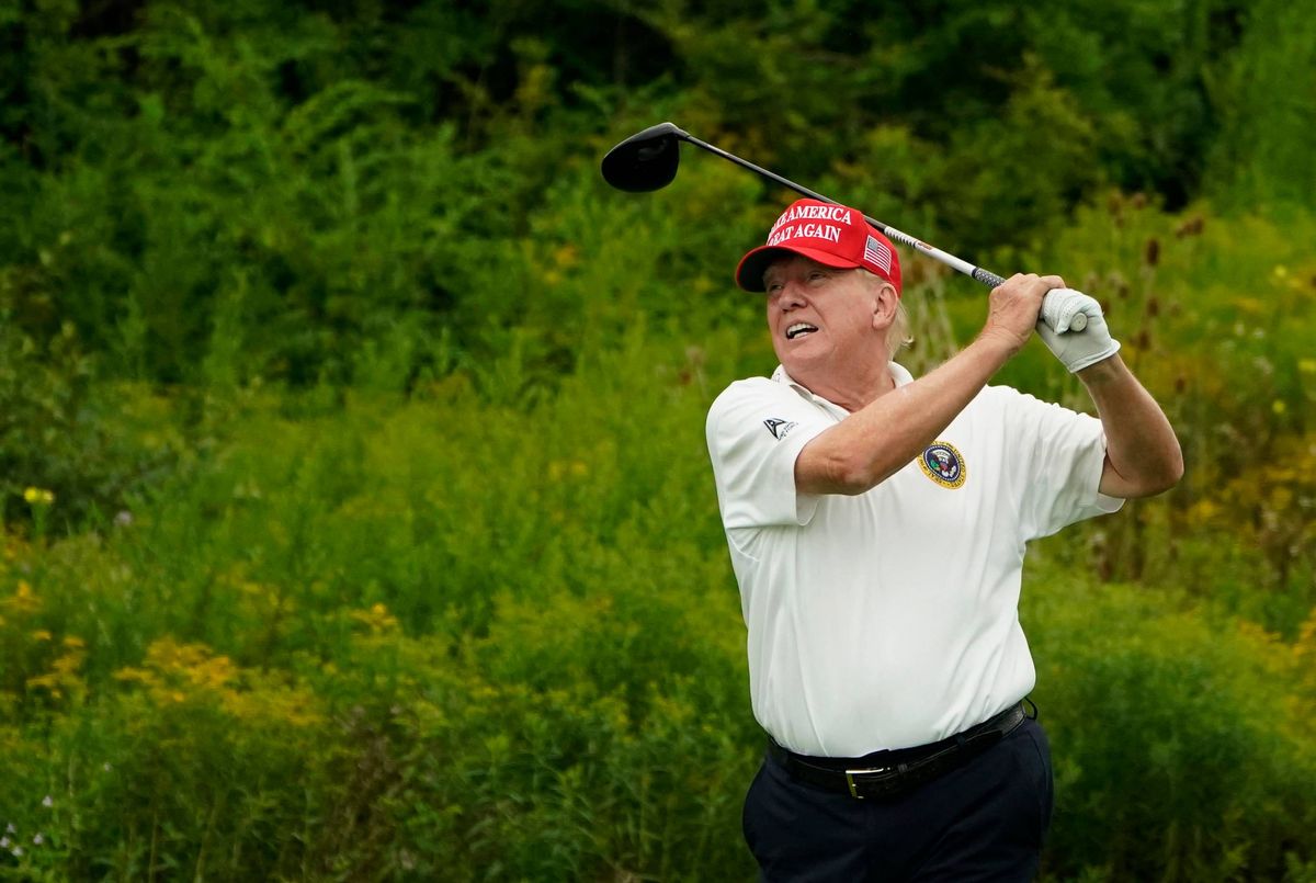 TOPSHOT - Former US President and 2024 Presidential hopeful Donald Trump plays golf during the Official Pro-Am Tournament ahead of the LIV Golf Invitational Series event at Trump National Golf Club Bedminster in Bedminster, New Jersey, on August 10, 2023. The LIV Golf Invitational Bedminster begins on August 11. (Photo by TIMOTHY A. CLARY / AFP via Getty Images)