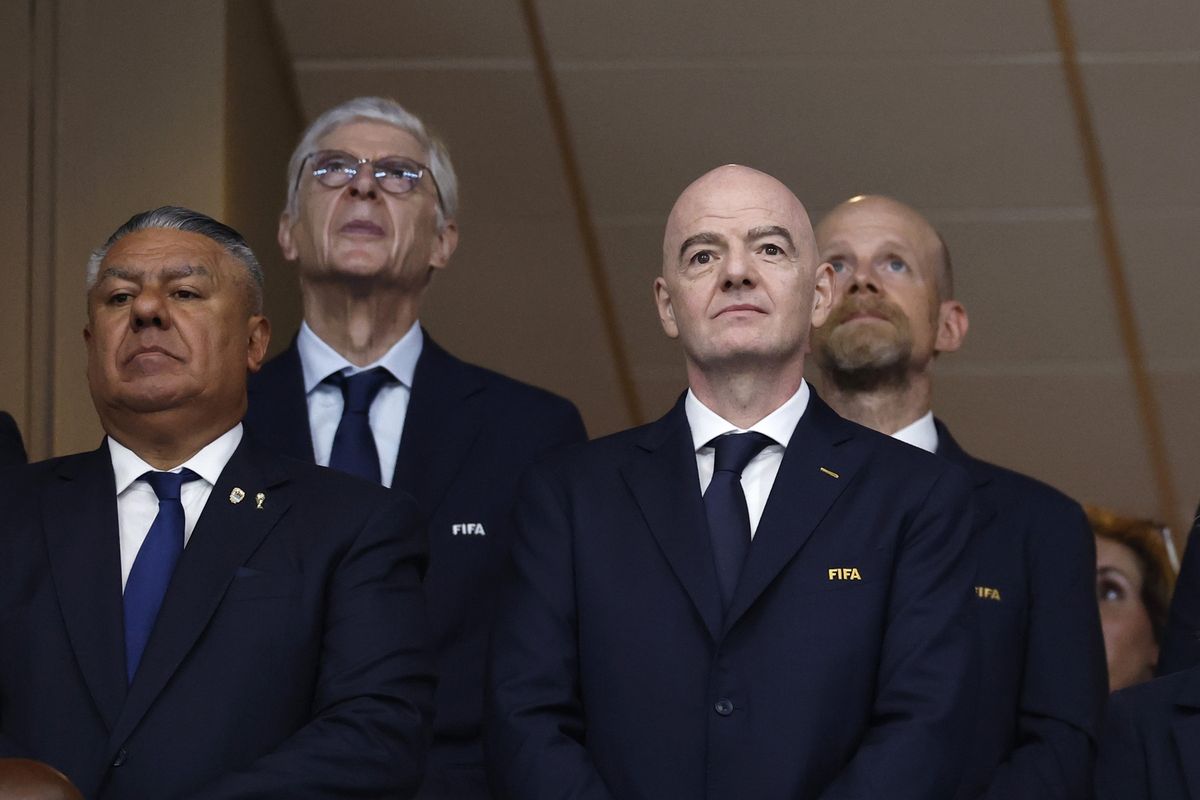 Argentine Football Association (AFA) President Claudio Tapia, FIFA Chief of Global Football Development Arsene Wenger, FIFA President Gianni Infantino and FIFA Deputy Secretary General Mattias Grafstrom during the 2026 FIFA World Cup semi-final match between England and Argentina at the Atlanta Stadium on July 15, 2026 in Atlanta, Georgia, United States