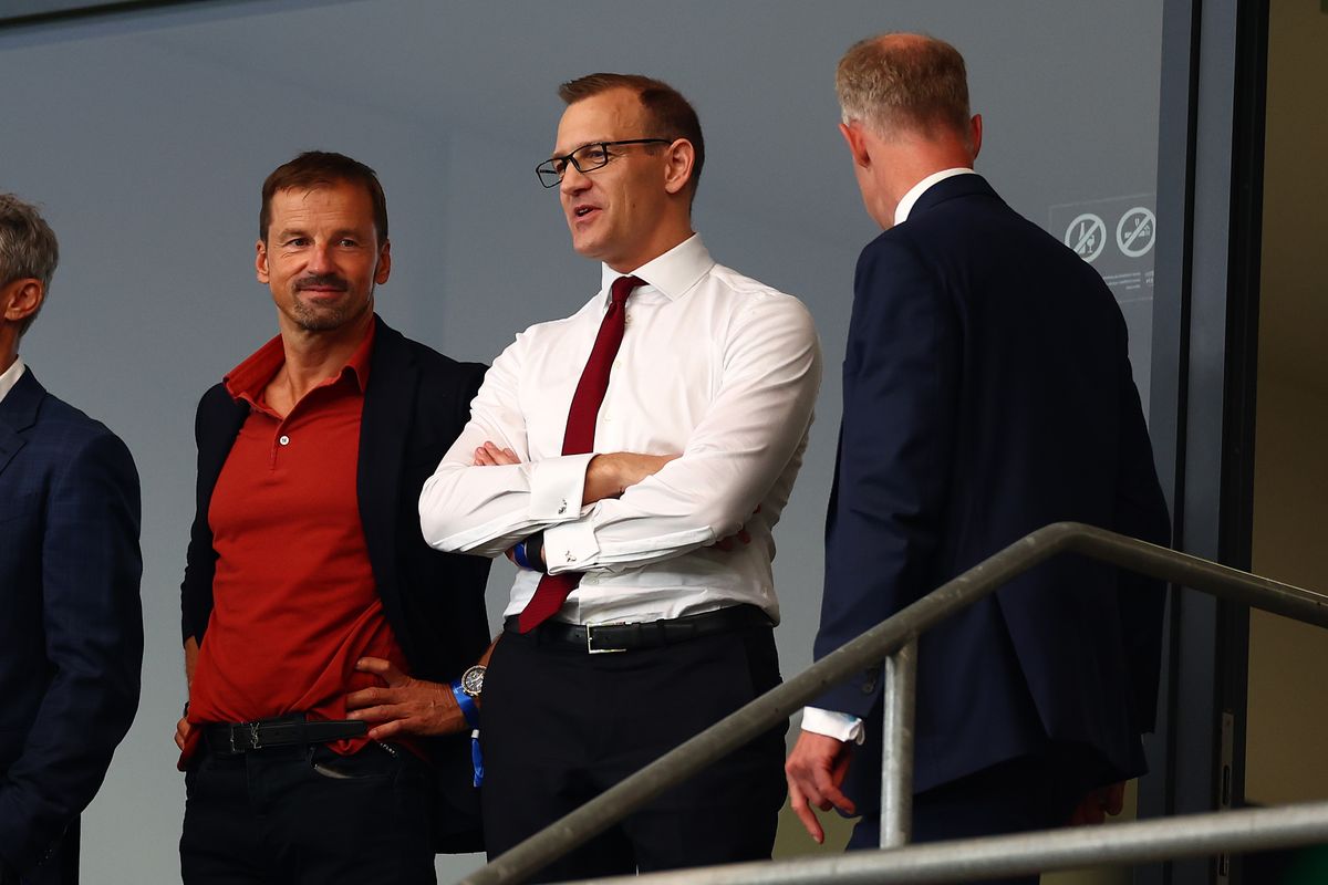 West Ham United co-chair Daniel Kretinsky (c) looks on during the UEFA Europa Conference League in 2023