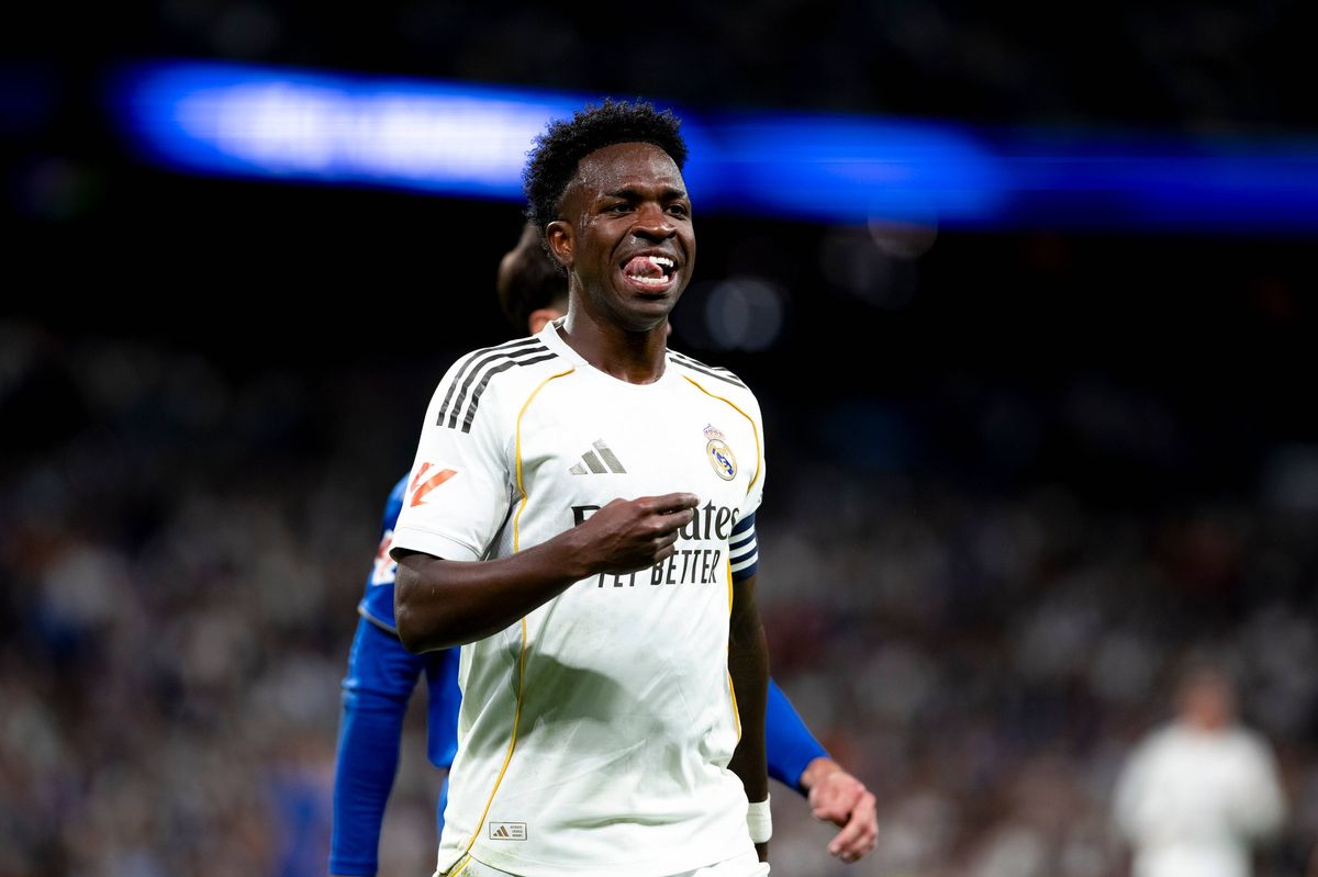 Vinicius Jr of Real Madrid reacts to a missed opportunity during the La Liga 2025/26 match between Real Madrid and Oviedo at Santiago Bernabeu Stadium in Madrid, Spain, on May 14. (Photo by Guillermo Martinez/NurPhoto via Getty Images)