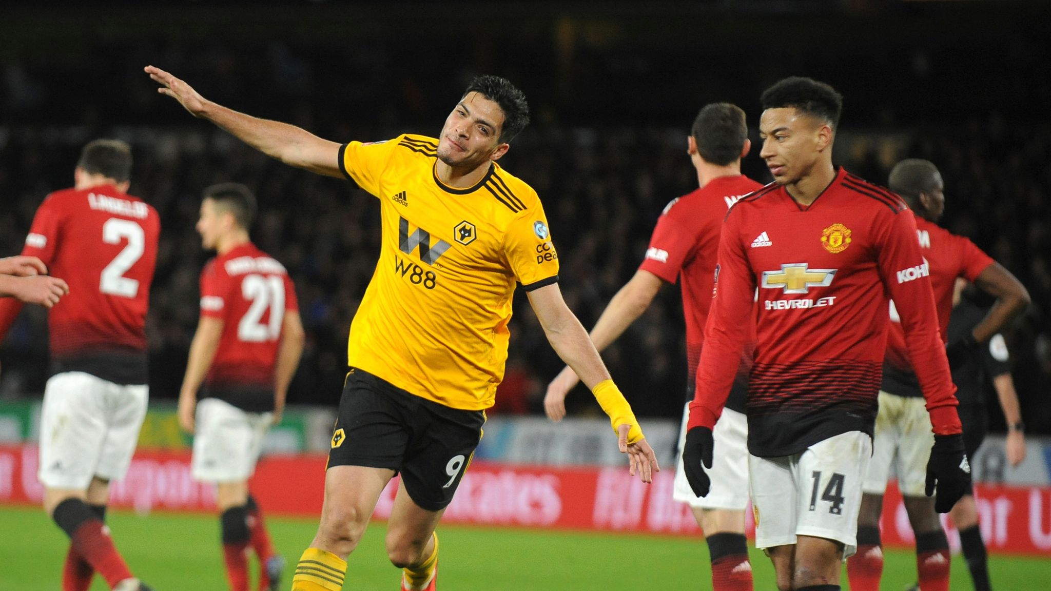 Raul Jimenez celebrates scoring for Wolves against Man Utd in the FA Cup in 2019