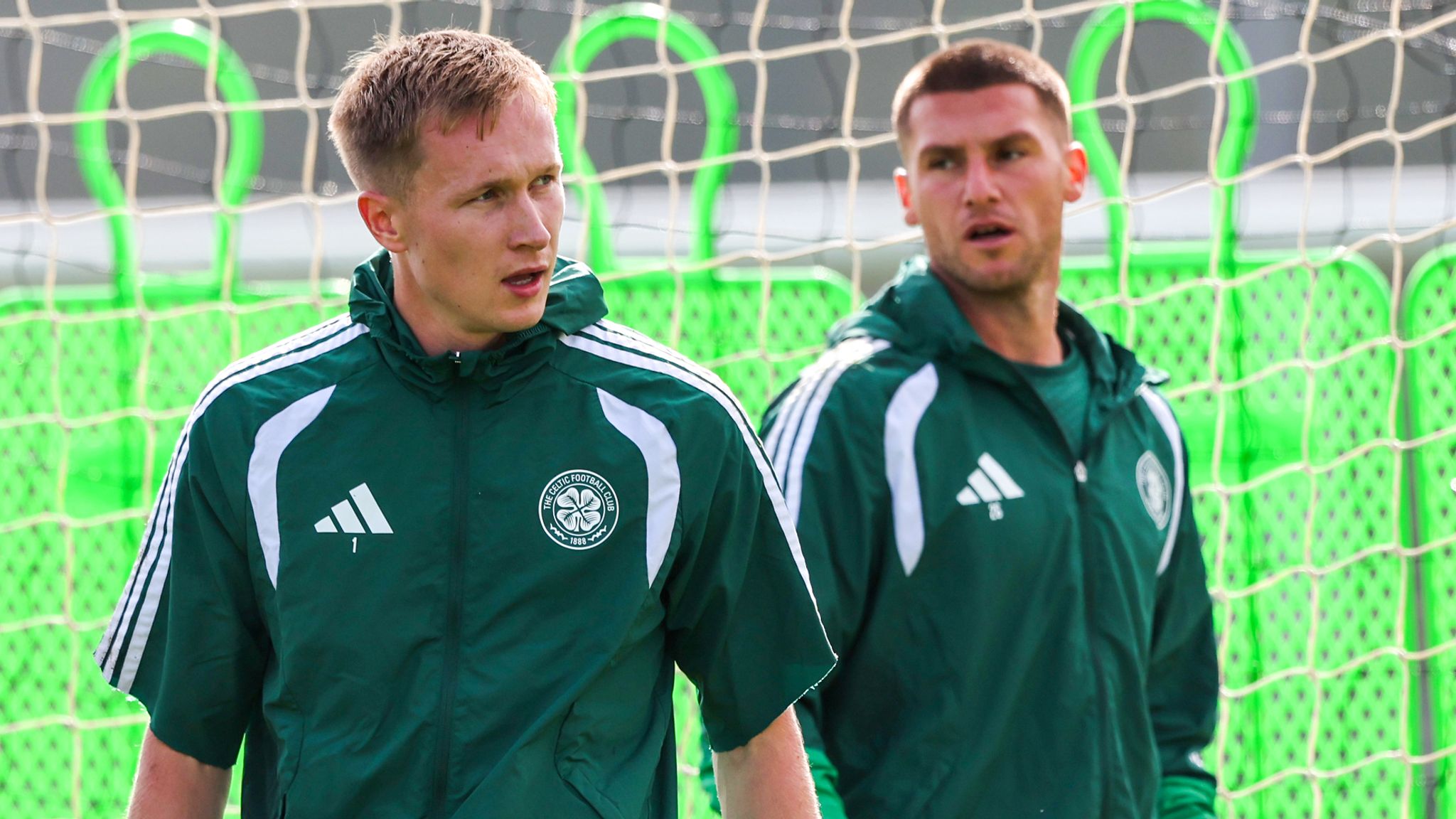 Viljami Sinisalo (L) and Sam Johnstone at a Celtic training session