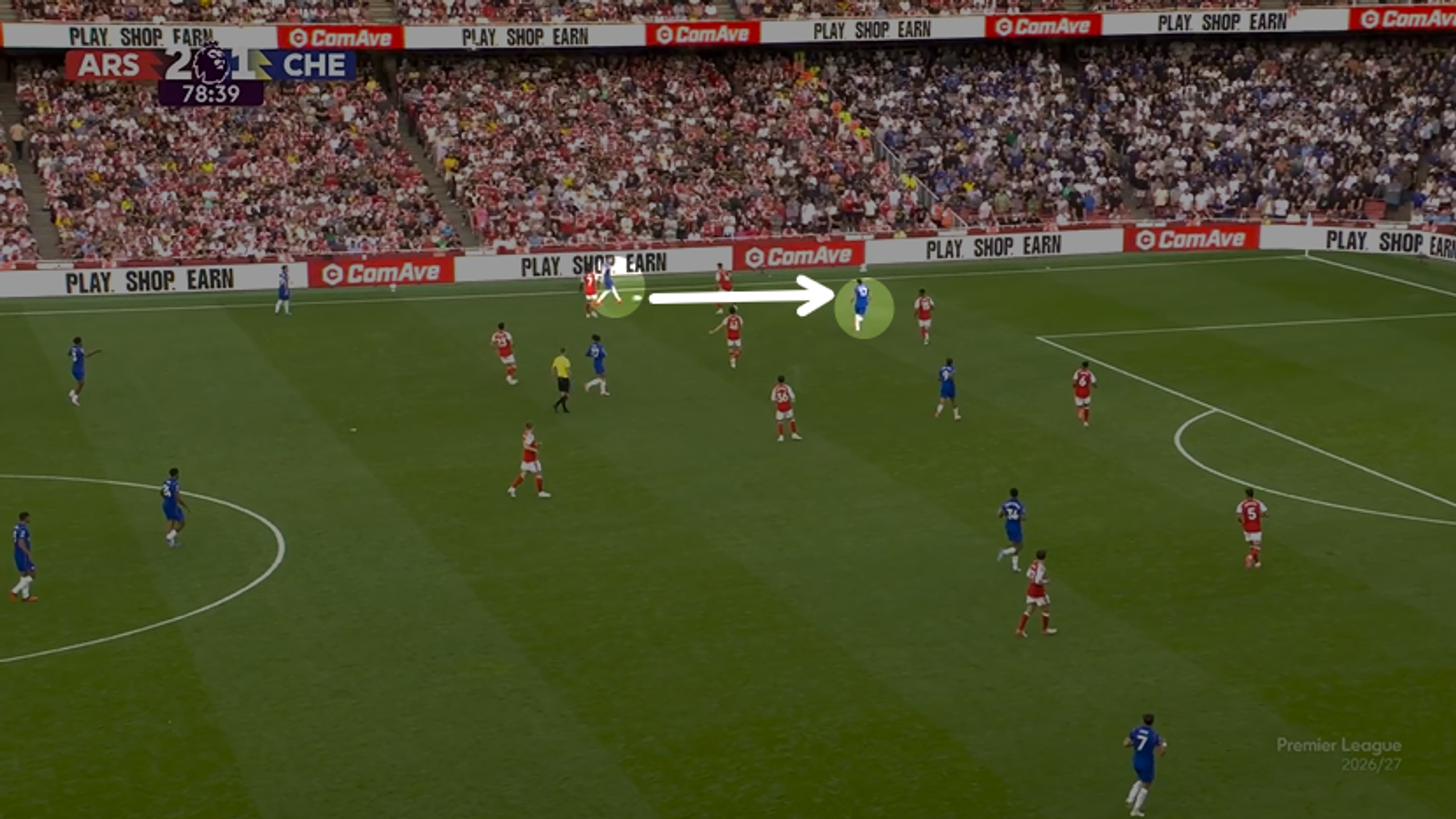 Palmer releases Rogers as he runs in behind on the left against Arsenal