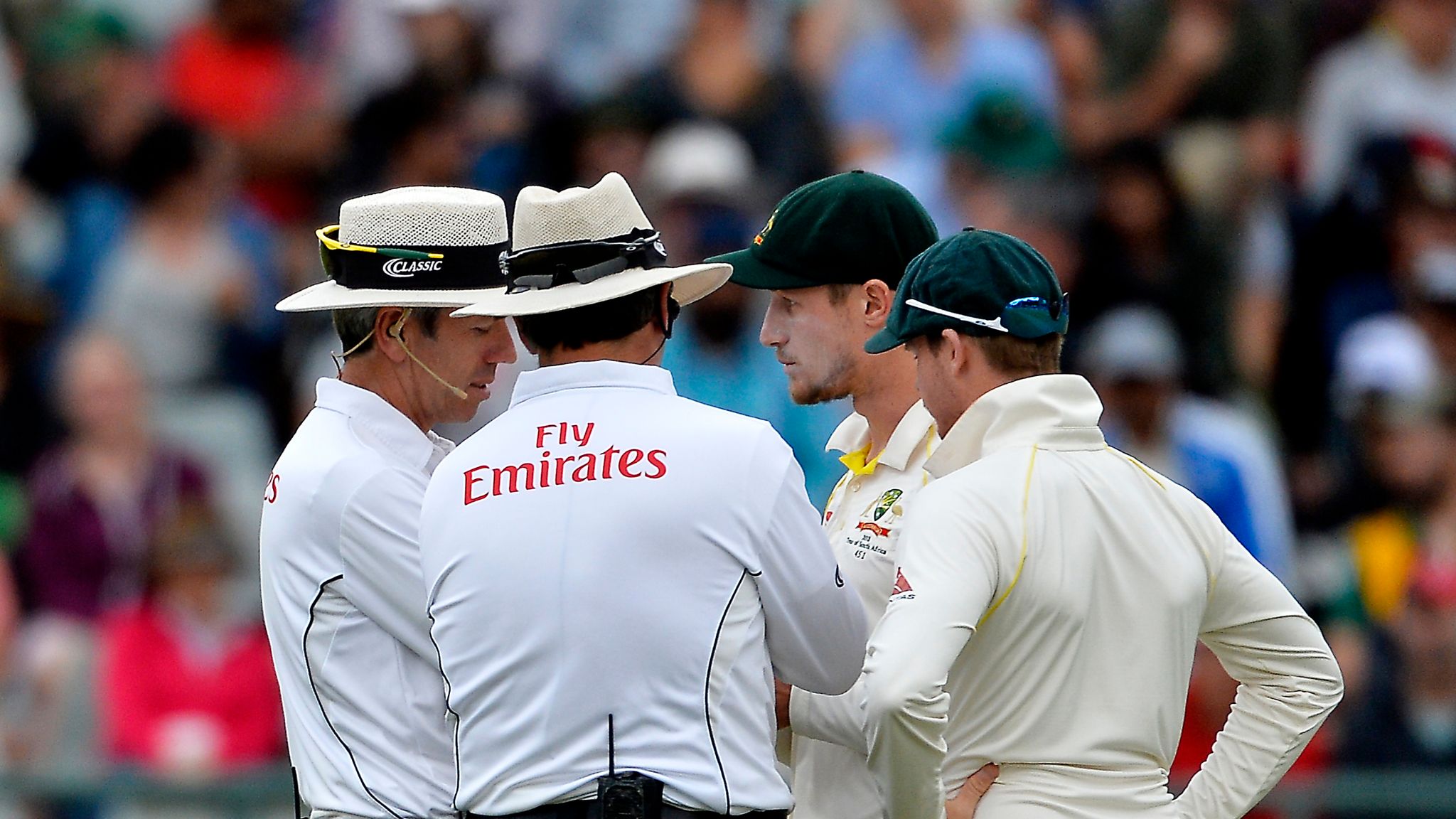 Cameron Bancroft and Steve Smith chat to the umpires during the controversial Cape Town Test between South Africa and Australia in 2018