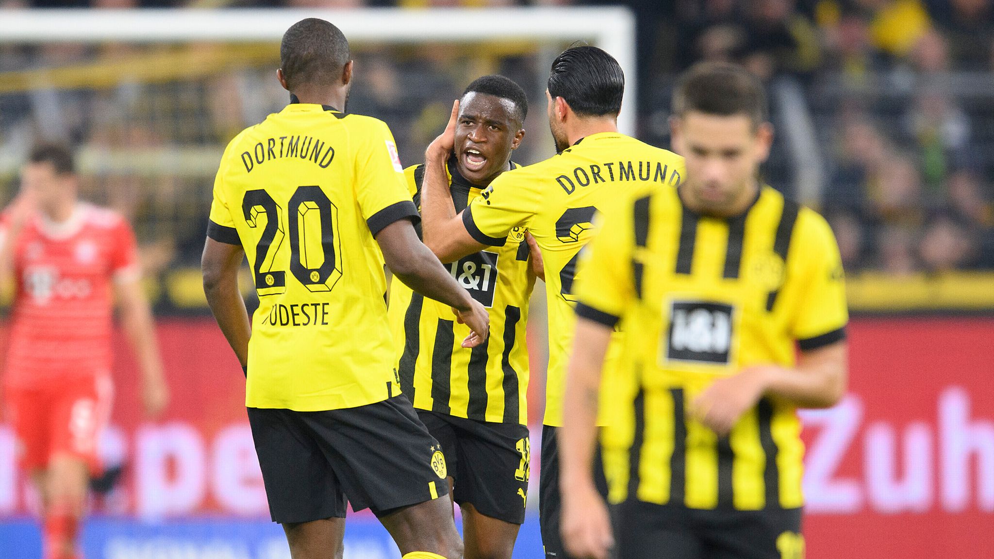 Youssoufa Moukoko after scoring for Borussia Dortmund against Bayern Munich in 2022