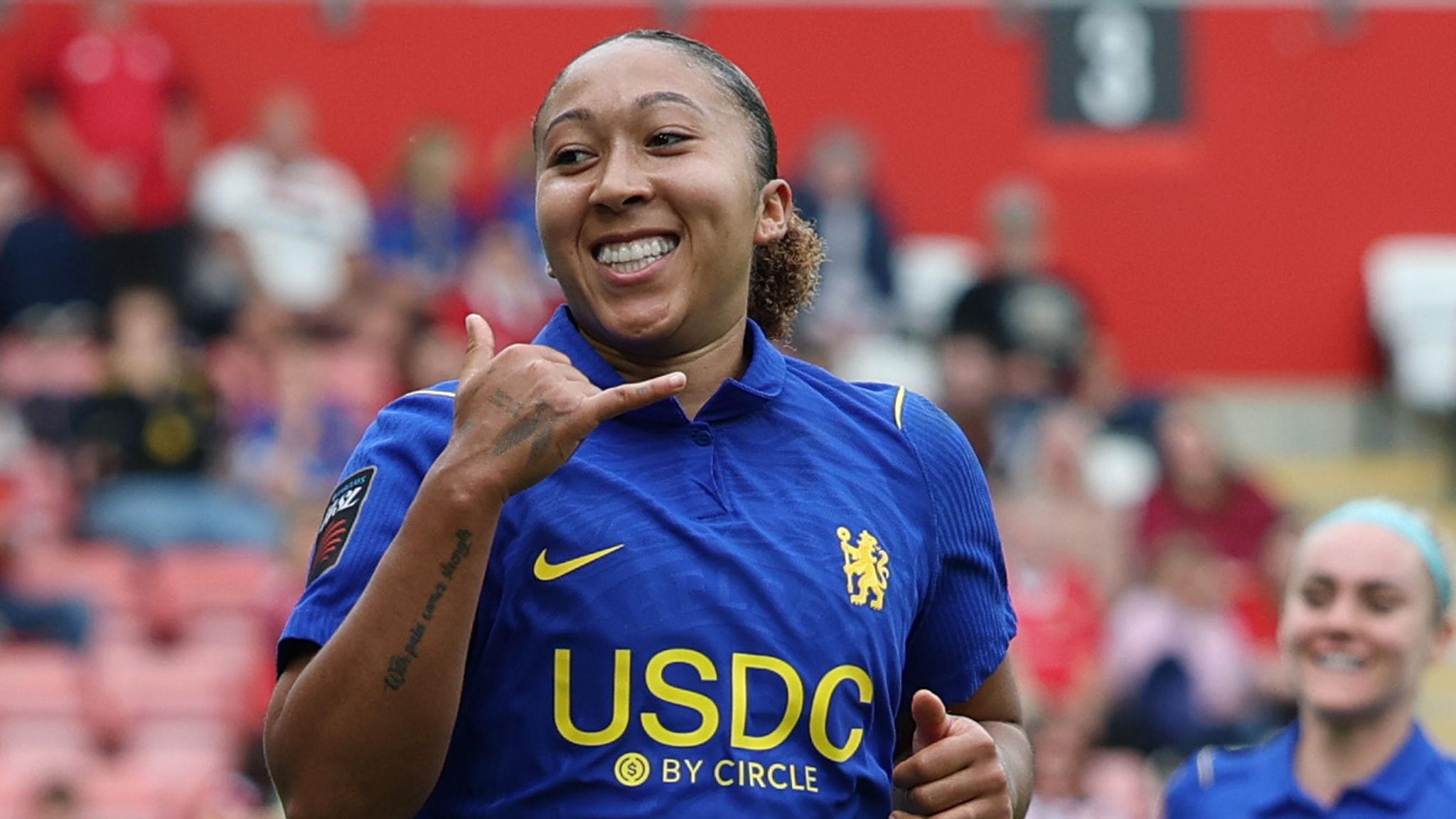 Lauren James celebrates after scoring against Manchester United