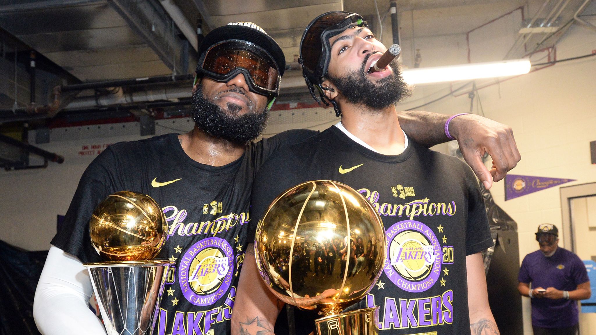 LeBron James and Anthony Davis celebrate the Los Angeles Lakers' most recent NBA championship win in 2020