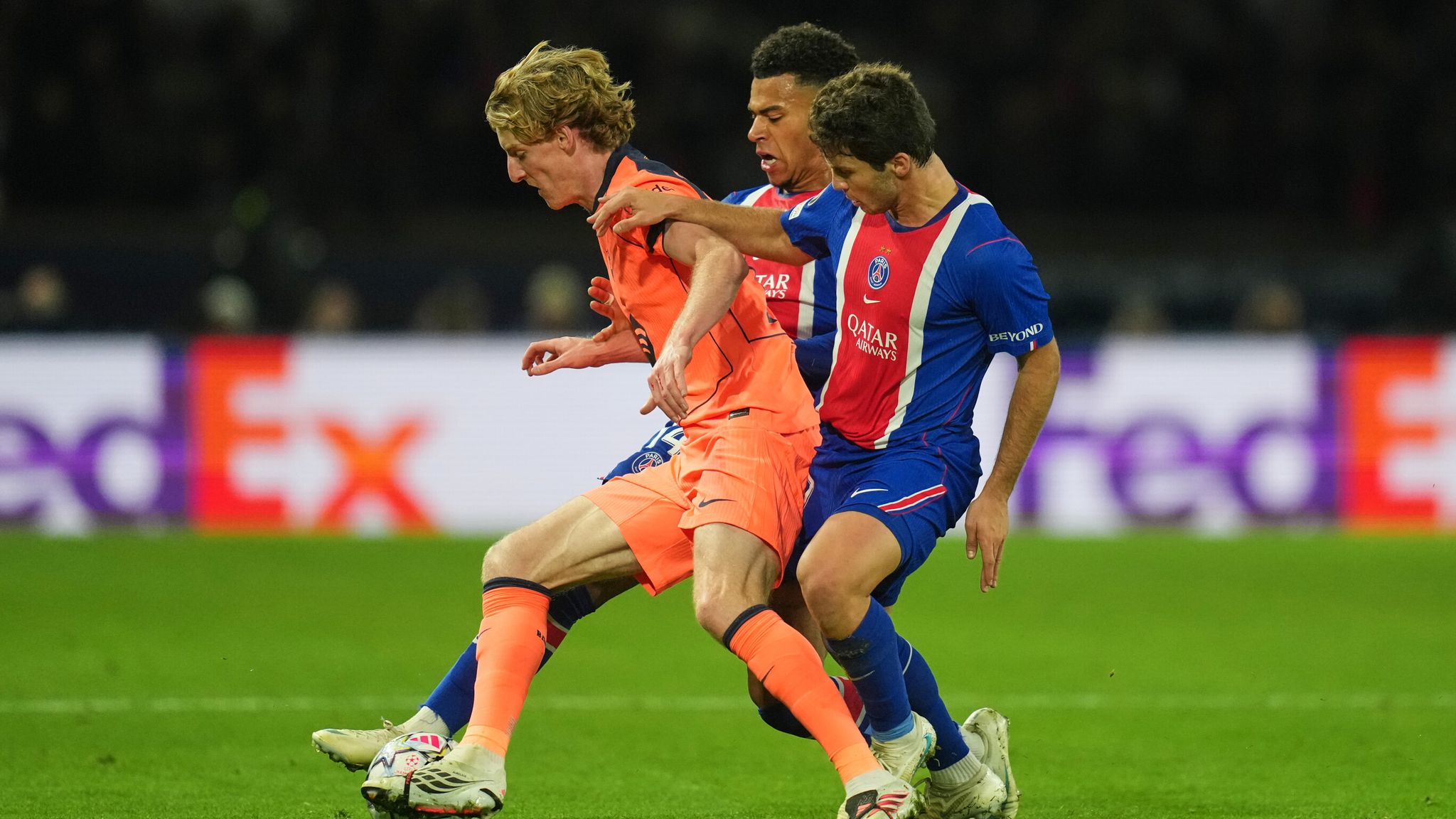 Barcelona's Anthony Gordon in action against Paris St-Germain