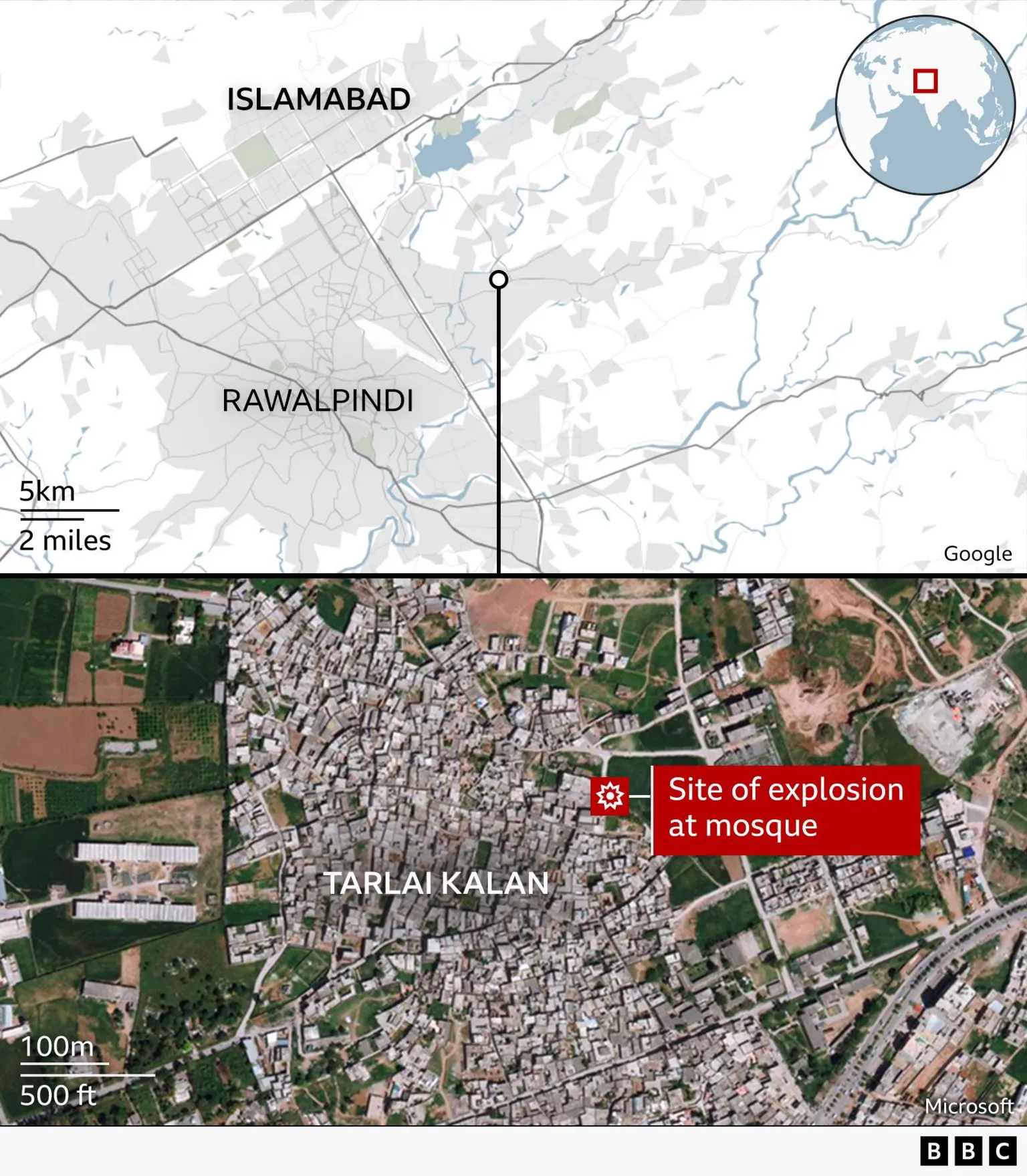 A map showing the location of an explosion at a mosque located in the Tarlai Kalan area of the Pakistani capital Islamabad. The upper panel shows a wider map view of Islamabad and neighbouring Rawalpindi, while the lower satellite view pinpoints the exact site of the blast to the southeast of central Islamabad and to the east of Rawalpindi. 