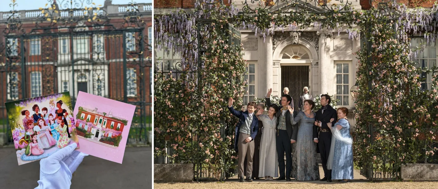 Tehreem Iqbal / Netflix Picture 1 - A hand in a glove holds up two pieces of Bridgerton artwork in front of the exterior of a grand stately house. Picture 2 - Will Tilston as Gregory Bridgerton, Florence Hunt as Hyacinth Bridgerton, Luke Thompson as Benedict Bridgerton, Ruth Gemmell as Lady Violet Bridgerton, Luke Newton as Colin Bridgerton, Nicola Coughlan as Penelope Featherington in episode 308 of Bridgerton.