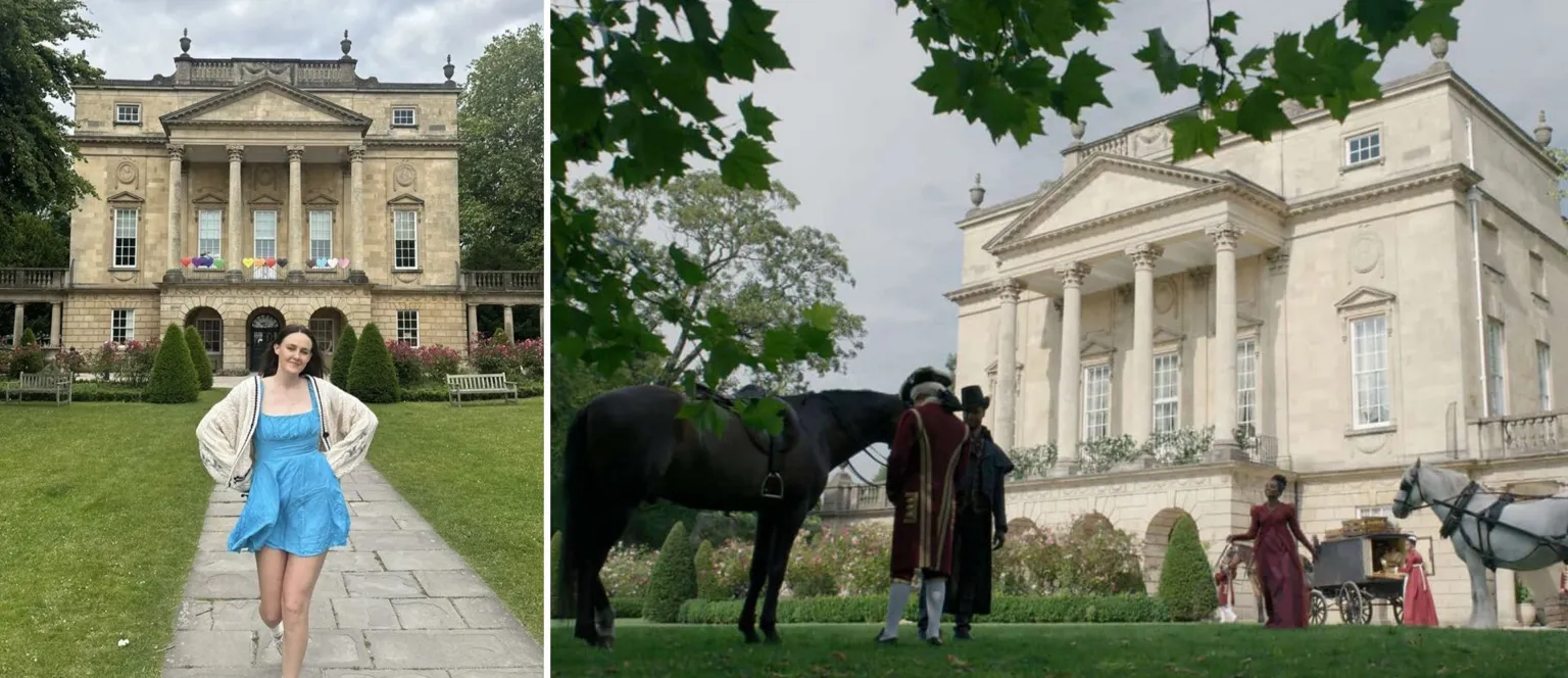 Melissa Maddock / Netflix Picture 1 - A woman in a blue dress and white cardigan with brown hair hands with her hands on her hips in front of an attractive, grand Georgian building with flowers and a lawn outside. Picture 2 - A still from Bridgerton Season 1 episode 1 showing the exterior of Lady Danbury's House