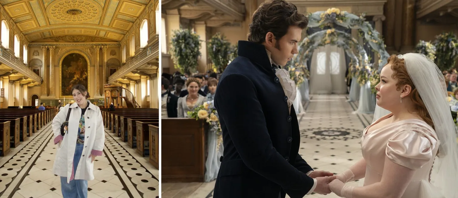 Alexis Reise Brodman / Liam Daniel/Netflix Picture 1 - A woman in blue jeans and a white coat stands in the aisle of an ornate church. Picture 2 - Luke Newton as Colin Bridgerton, Nicola Coughlan as Penelope Featherington in episode 307 of Bridgerton