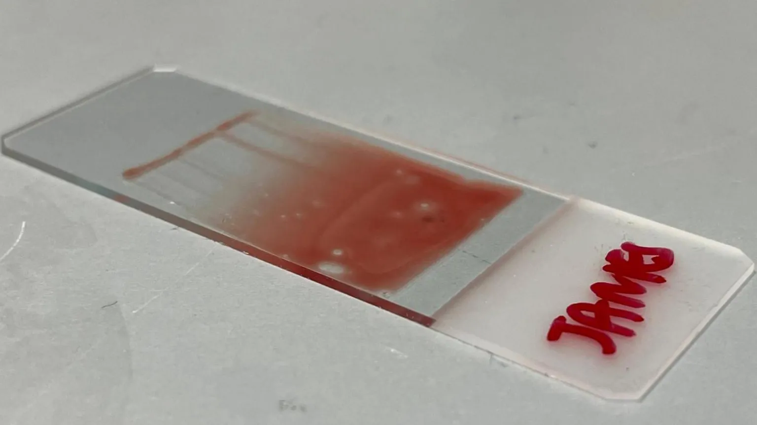 Tom Bonnett A clear sheet of glass with the name James written on it and a red smudge of blood is streaked across the glass.