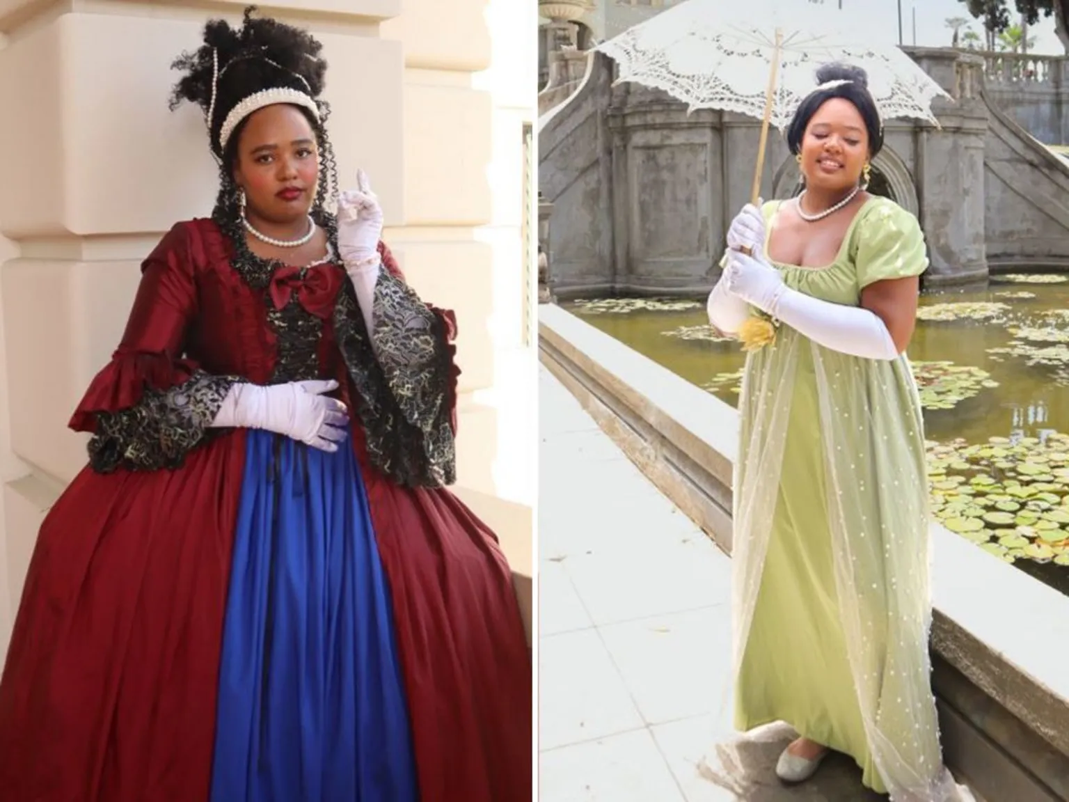 Caoimhe Morris and Kaz Tarshis Two photos of a woman, one of her in a grand red and blue dress, the other in a sleeker Regency-inspired dress with a parasol in front of a pond