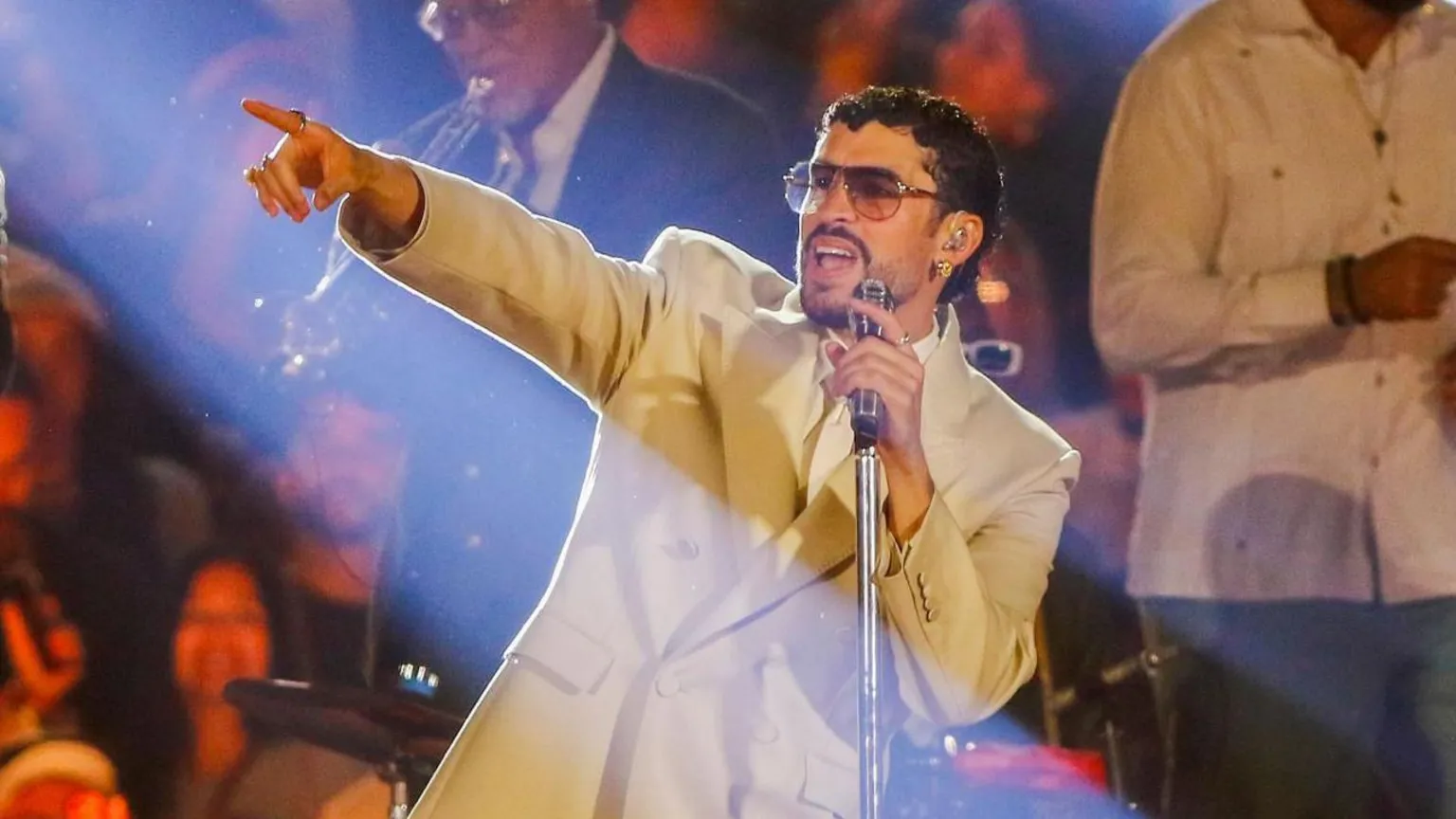 EPA Puerto Rican singer Bad Bunny points to the audience while at a microphone stand during his second show of the Debi Tirar Mas Fotos World Tour at Atanasio Girardot Stadium in Medellin, Colombia, 24 January 2026.