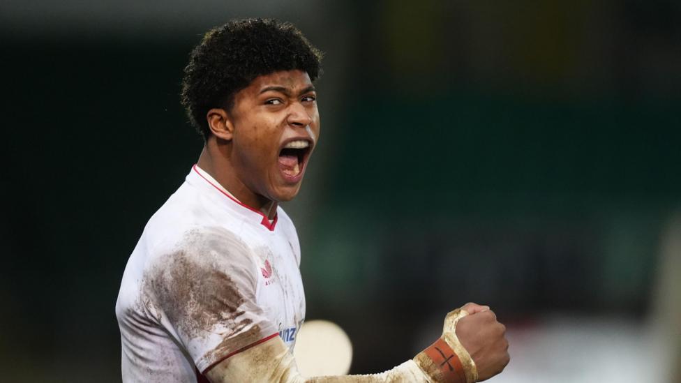 England's Noah Caluori celebrates during the Under-20 Men's Six Nations match with Wales
