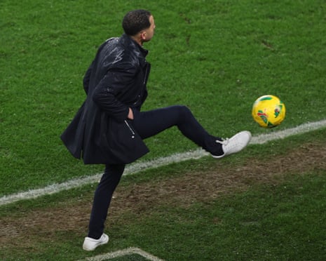 Liam Rosenior fails to control the ball on the touchline during Chelsea’s Carabao Cup defeat to Arsenal.