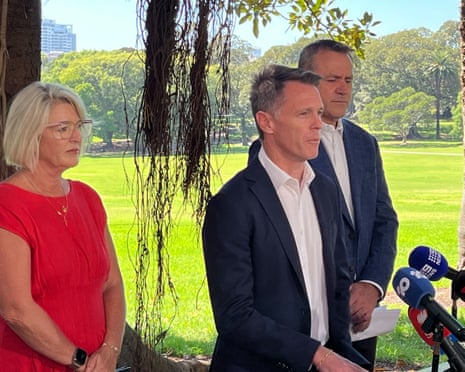 From left: Police Minister Yasmin Catley, Premier Chris Minns and Multiculturalism Minister Steve Kamper, Saturday 7 February 2026