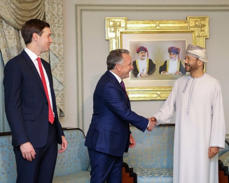 Steve Witkoff shakes hands with Badr al-Busaidi as Jared Kushner looks on.