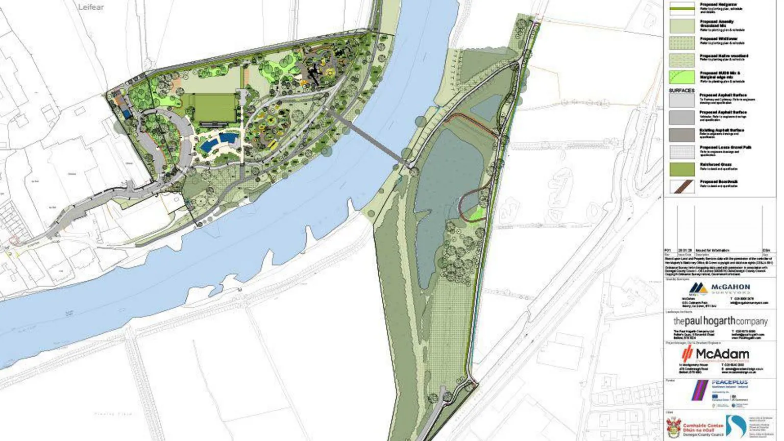 Donegal County Council A PDF design showing a birds eye view of the border between Strabane and Lifford, both split by the River Foyle. The community park spaces are coloured green, showing details of where buildings, wet lands, and even trees are located. A legend is featured on the right, and below the many partners involved with the project are listed.