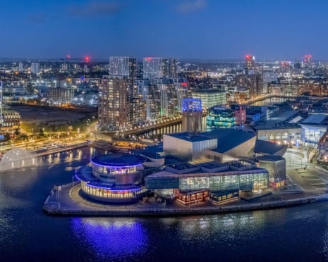 Manchester canal at night with glittering lights of Salford Quay