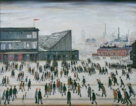 The painting shows Lowry’s signature figures heading into a Bolton Wanderers game with industrial buildings in the background