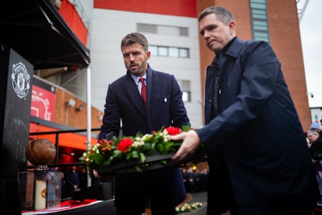 Michael Carrick and Manchester United Women’s manager, Marc Skinner, lay a wreath at the memorial service to mark the anniversary of the Munich Air Disaster.