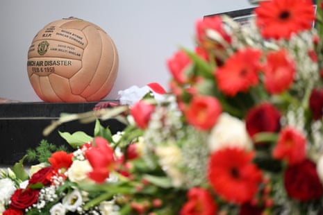 A football with the names of players who died at the Munich Air Disaster is seen during the commemoration for the 68th Anniversary of the Munich Air Disaster at the Manchesterplatz in Munich.