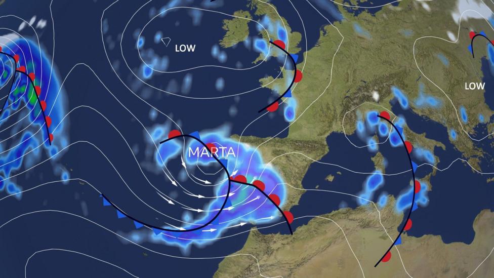 Pressure and rainfall map of Europe showing Storm Marta centred over the northwest of Spain on Saturday.