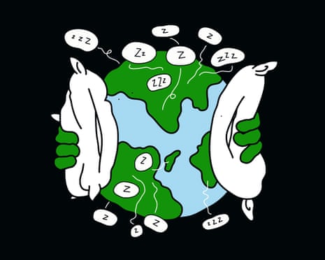 Illustration of the world with Zs in speech bubbles coming out of it, and hands holding a pillow on either side