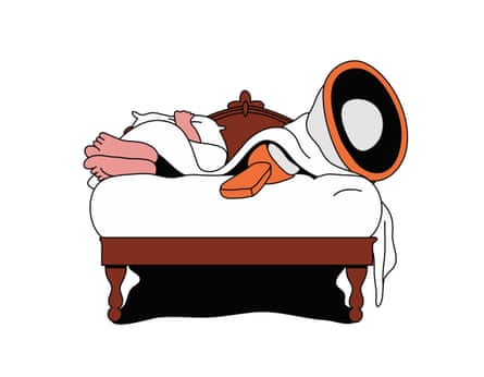 Illustration of a person lying in bed next to a loud speaker
