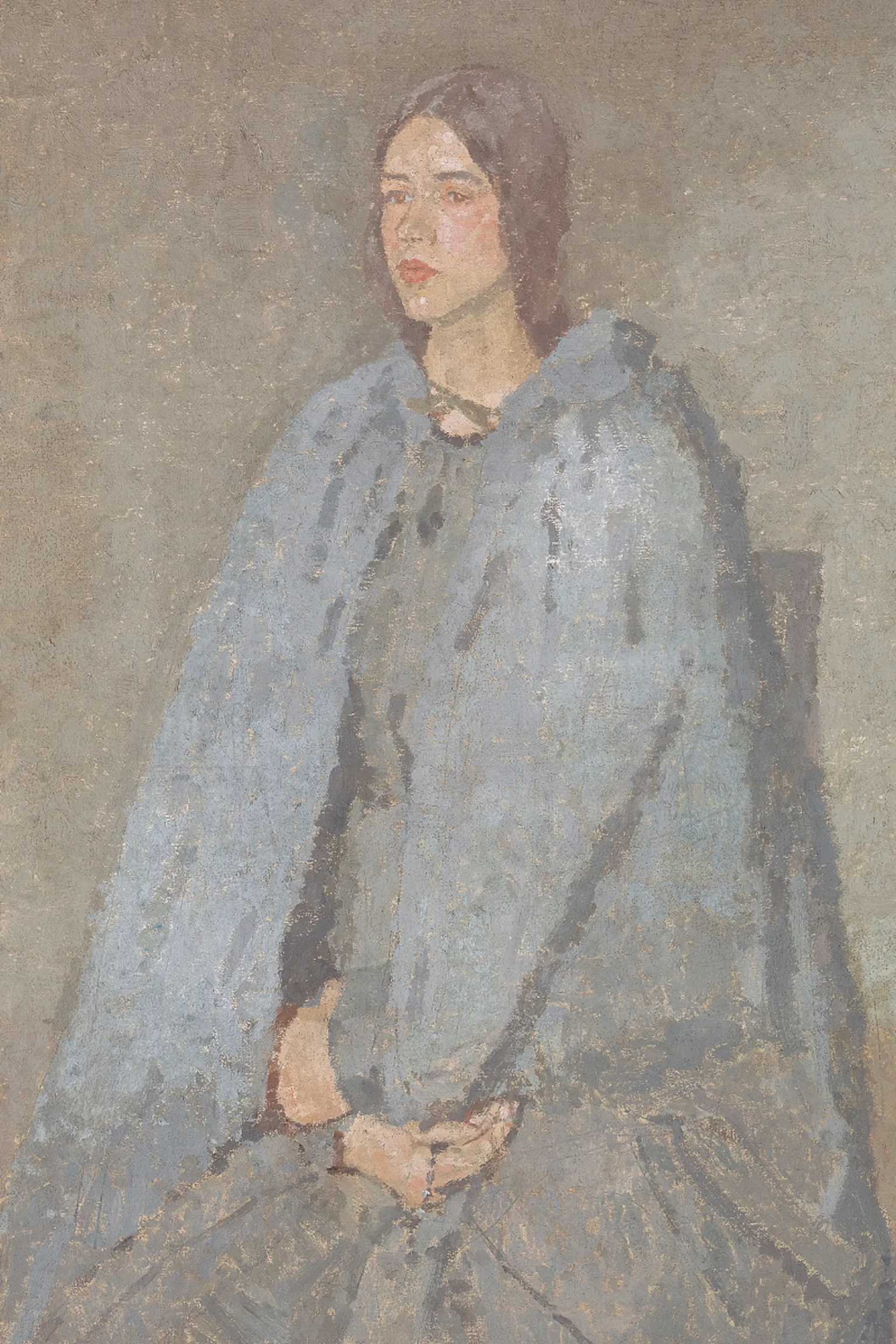 Yale Centre for British Art Oil painting of a young woman with light brown hair seated on a chair. She is wearing a blue dress and cloak and has her hands resting in her lap. She is looking towards the left of the painting.