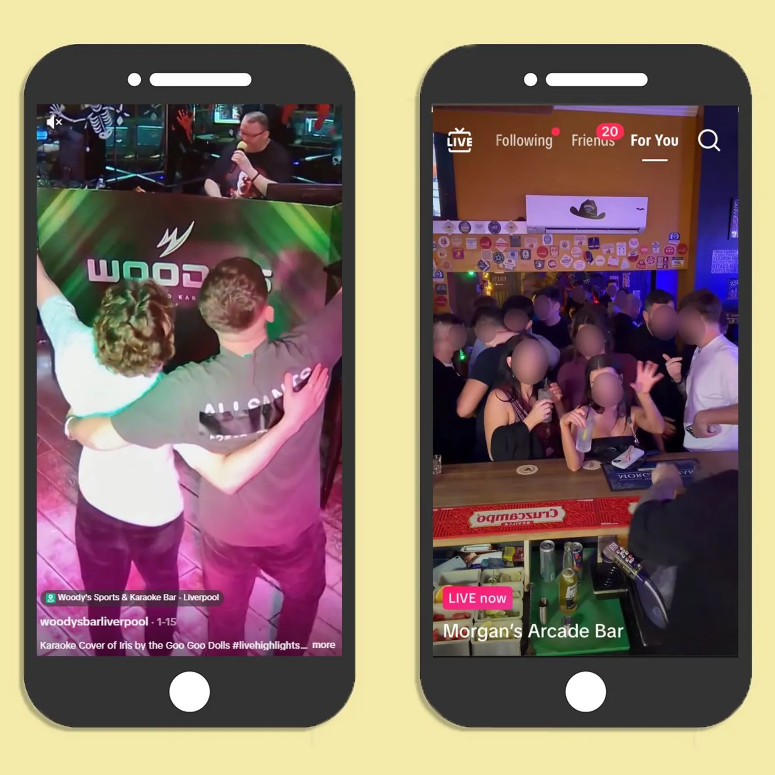 A graphic depicting two smartphones with still images from livestreams at Woody's and Morgan's Arcade Bar. Woody's shows two men with their back to the camera, arm-in-arm, singing a song. Morgan's shows a group of men and women mingling in a busy bar as they hold drinks. 