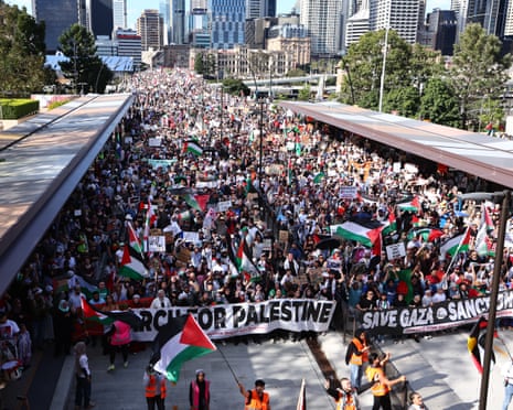 Protesters participate in a Brisbane pro-Palestine rally in August 2025
