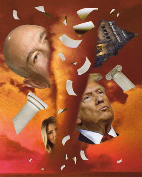 A tornado carries Donald Trump, Melania Trump, and Jeff Bezos, with flying papers, broken columns, and the Washington Post building in a fiery sky