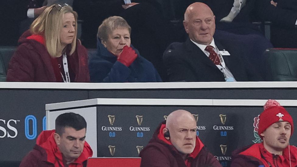 WRU chief executive Abi Tierney (left) and president Terry Cobner (right) sit above head coach Steve Tandy